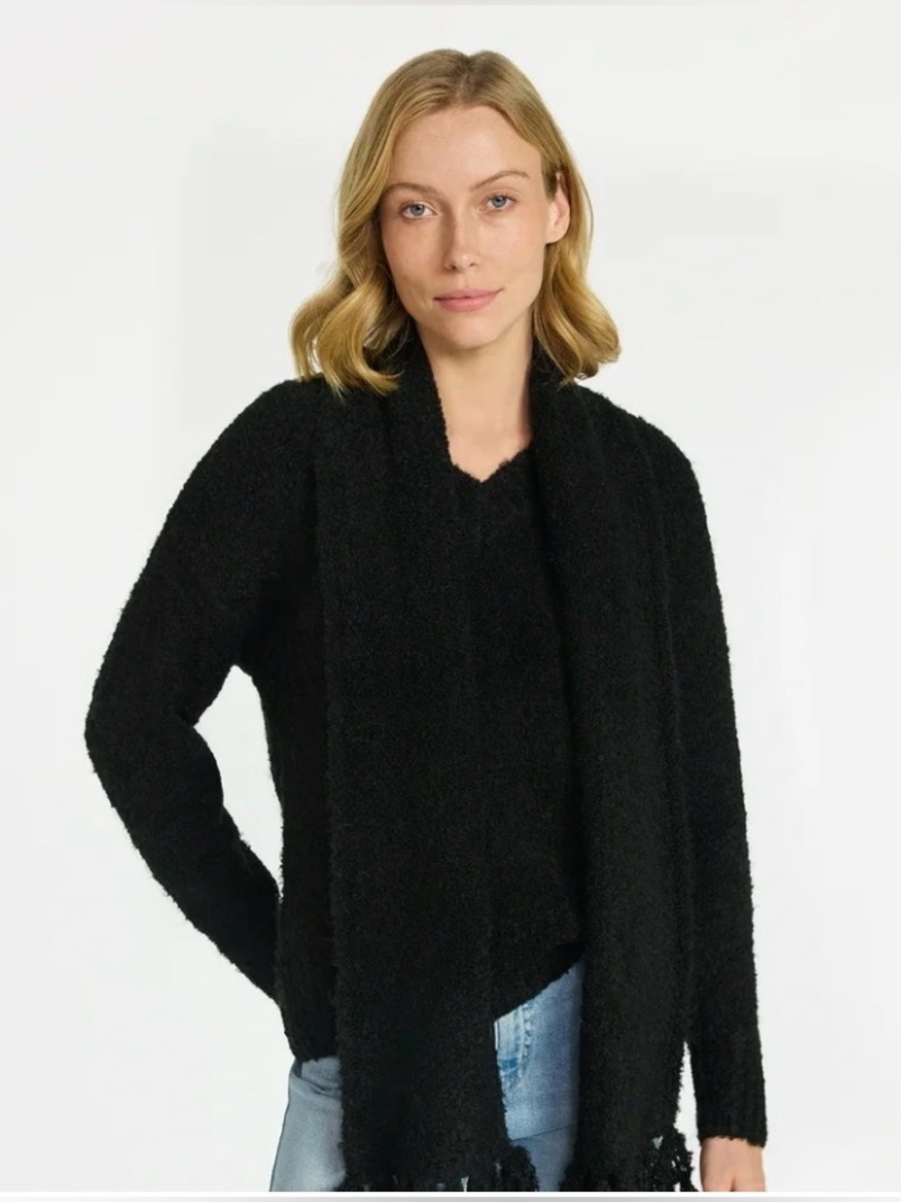 Women's Black V-Neck Bouclé Sweater with Matching Scarf size XL